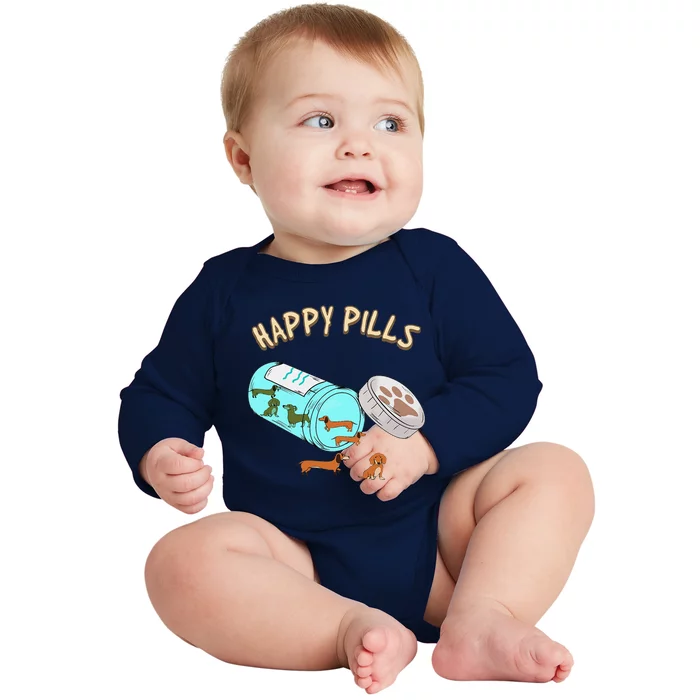 Happy Pills Dachshund  Dog Lover Gift Baby Long Sleeve Bodysuit