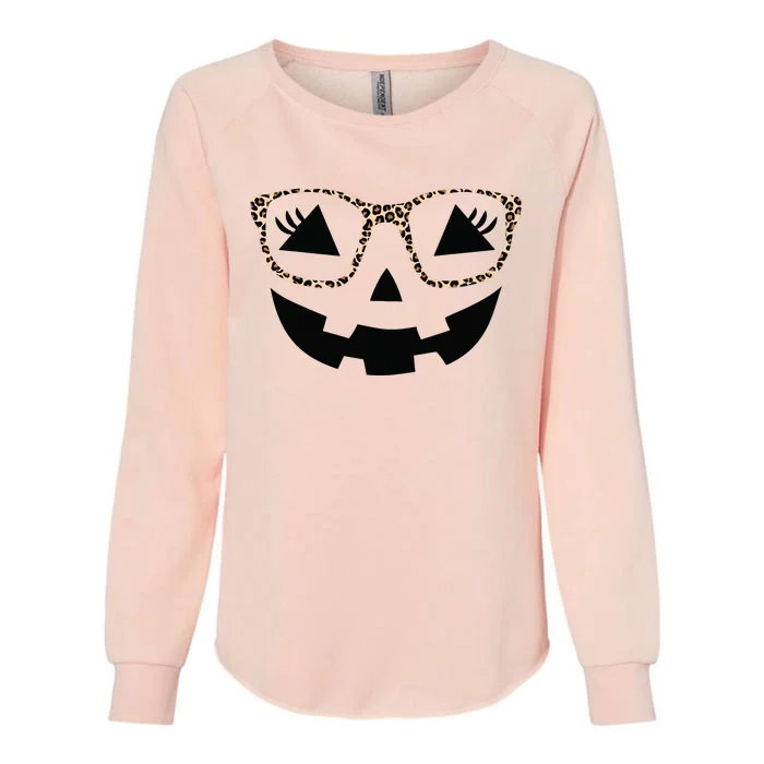 Halloween Pumpkin Face Eyelashes Leopard Glasses Halloween Womens California Wash Sweatshirt