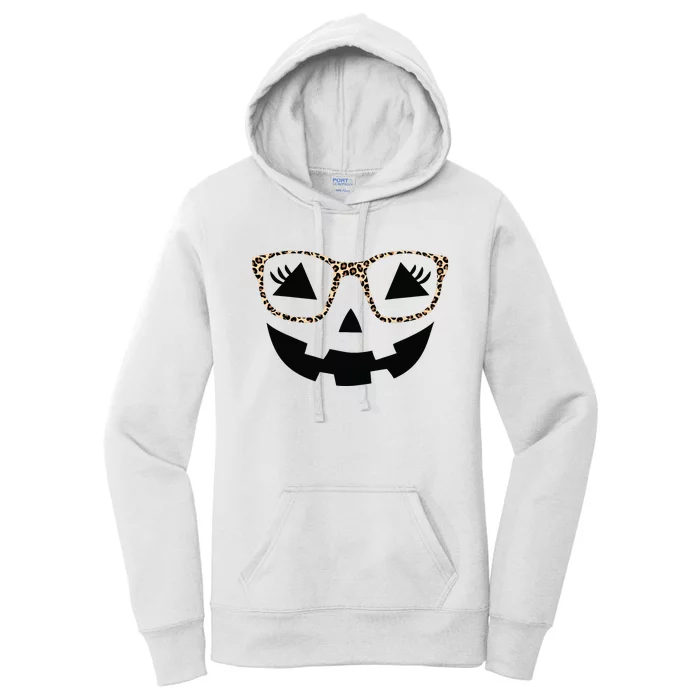 Halloween Pumpkin Face Eyelashes Leopard Glasses Halloween Women's Pullover Hoodie