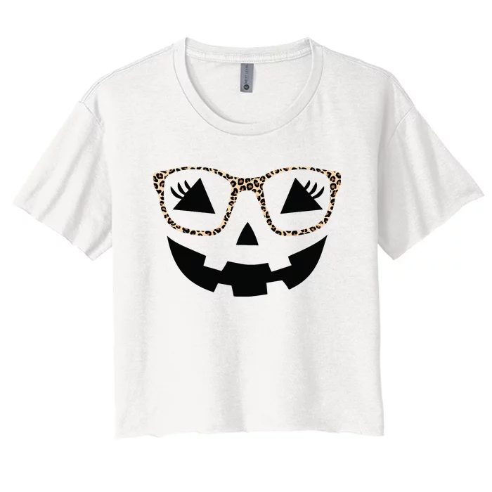 Halloween Pumpkin Face Eyelashes Leopard Glasses Halloween Women's Crop Top Tee