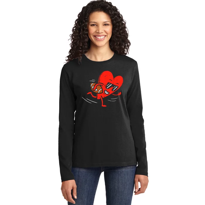 Heart Playing Football Valentines Distressed Ladies Long Sleeve Shirt