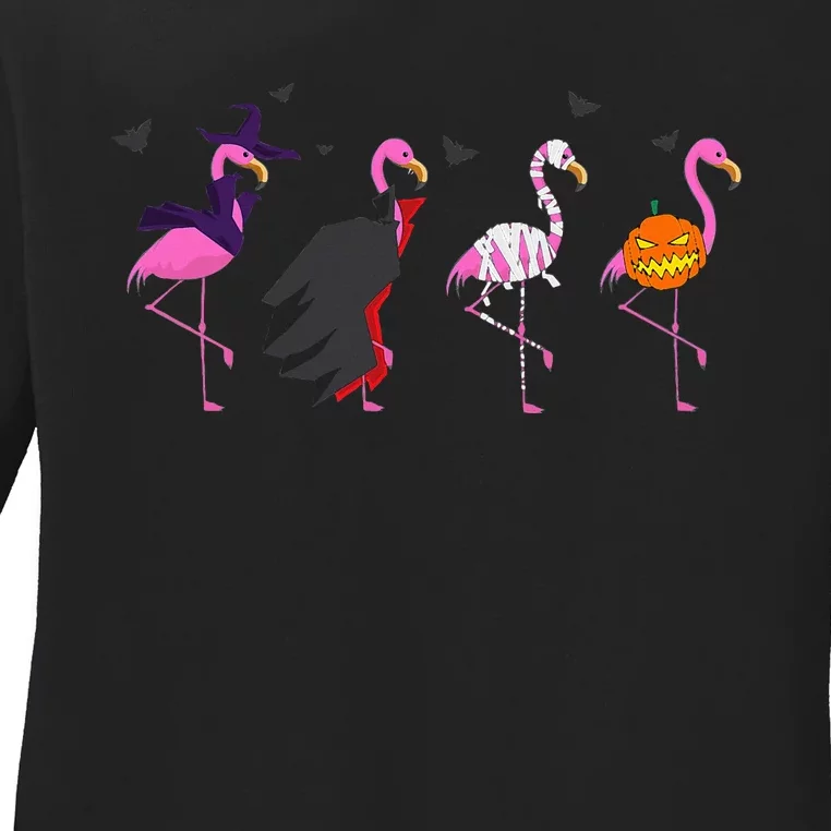 Halloween Pink Flamingo Costume Witch Vampire Mummy JackO'Lantern Ladies Long Sleeve Shirt