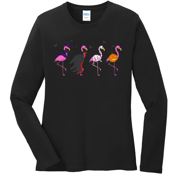 Halloween Pink Flamingo Costume Witch Vampire Mummy JackO'Lantern Ladies Long Sleeve Shirt