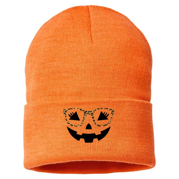 Halloween Pumpkin Face Eyelashes Leopard Glasses Halloween Sustainable Knit Beanie