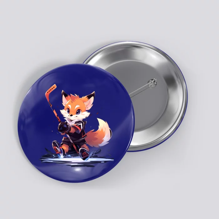 Hockey Player Fox Hockey Stick Ice Hockey Skates Funny Gift Button