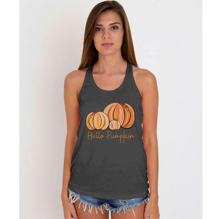 Hello Pumpkin Fall Halloween Graphic Women's Knotted Racerback Tank