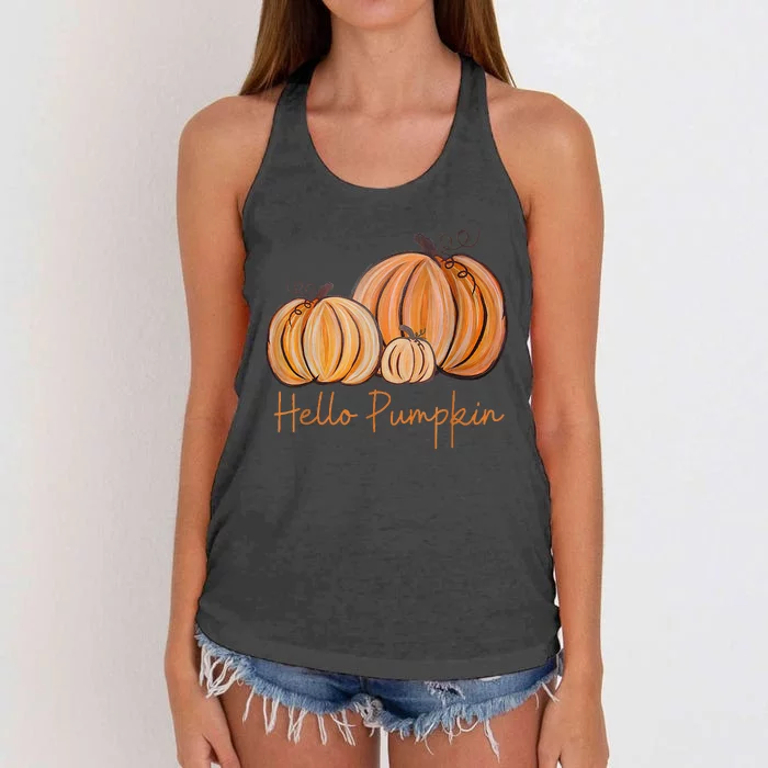 Hello Pumpkin Fall Halloween Graphic Women's Knotted Racerback Tank