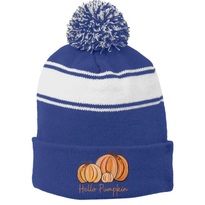 Hello Pumpkin Fall Halloween Graphic Stripe Pom Pom Beanie