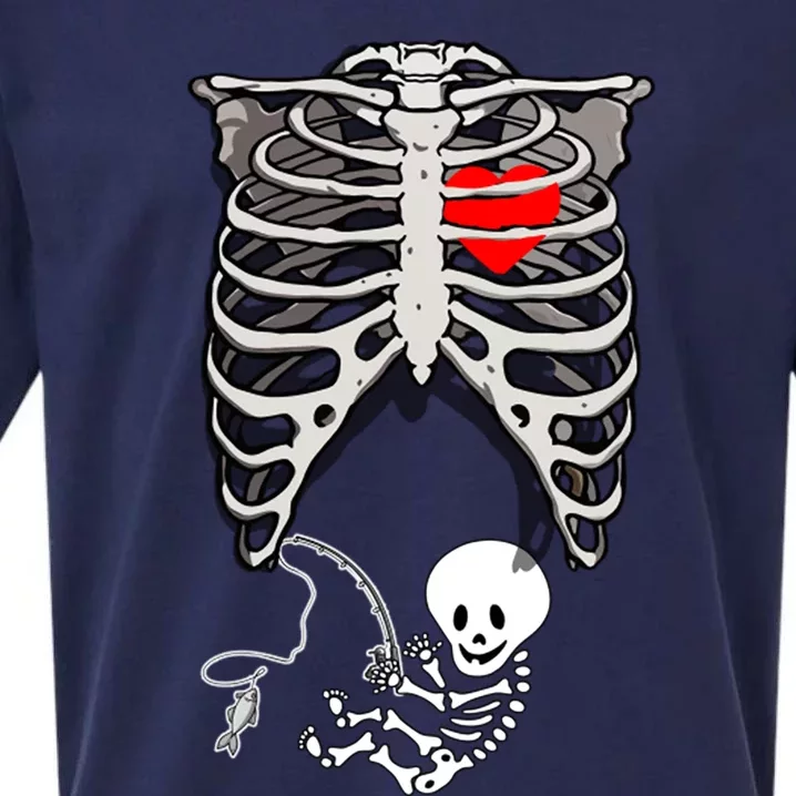 Halloween Pregnancy Fishing Skeleton Dad Mom Costume Cool Gift Sueded Cloud Jersey T-Shirt