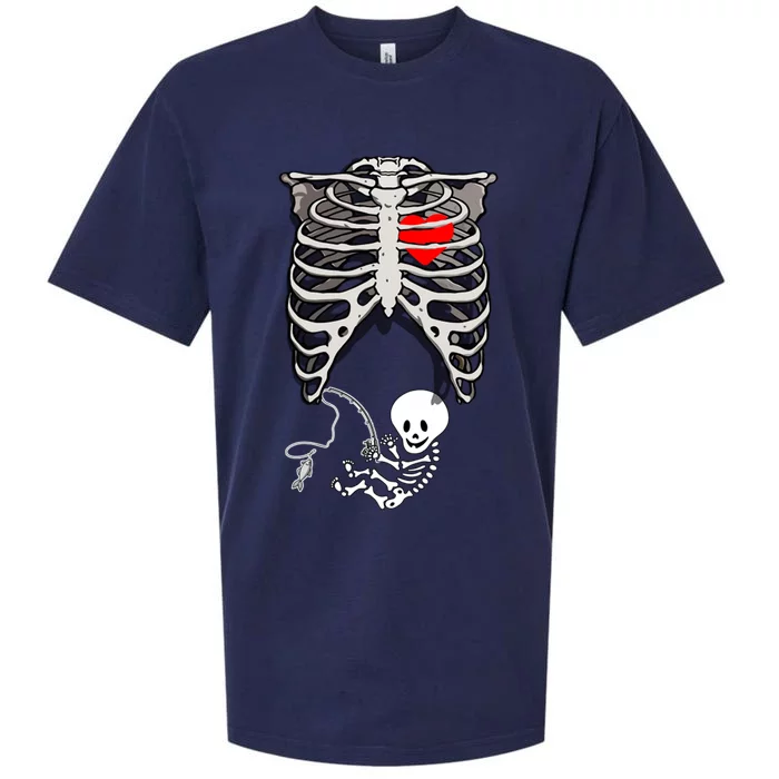 Halloween Pregnancy Fishing Skeleton Dad Mom Costume Cool Gift Sueded Cloud Jersey T-Shirt