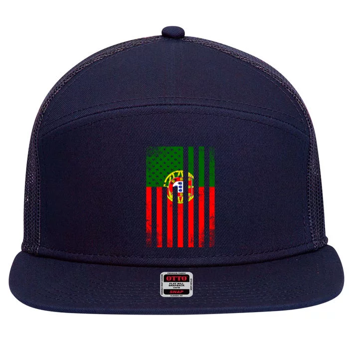 Half Portuguese Flag Vintage American Inside Me Usa Gift 7 Panel Mesh Trucker Snapback Hat