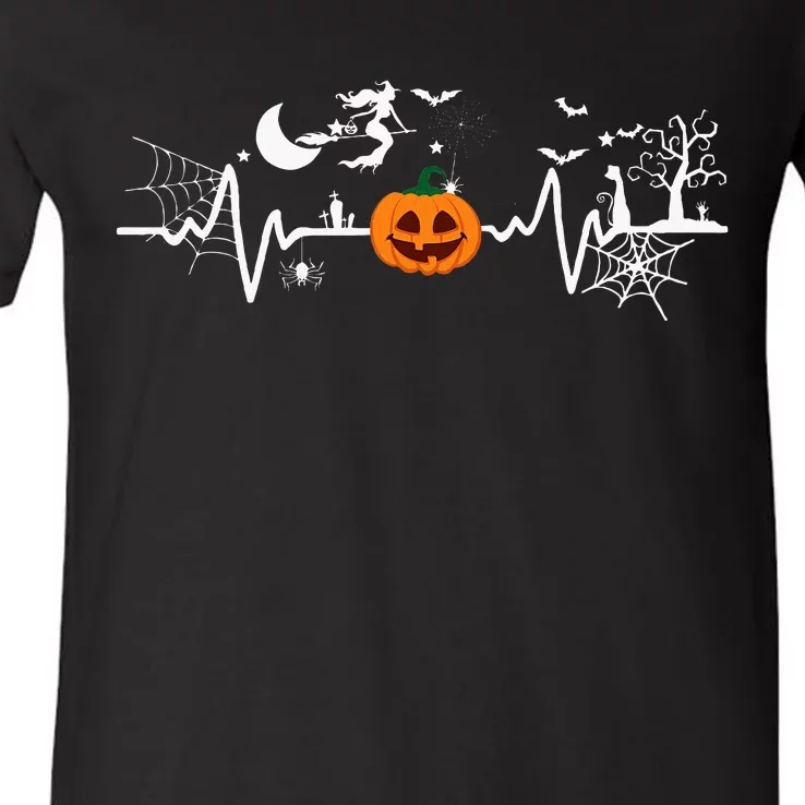 Halloween Pumpkin Heartbeat V-Neck T-Shirt