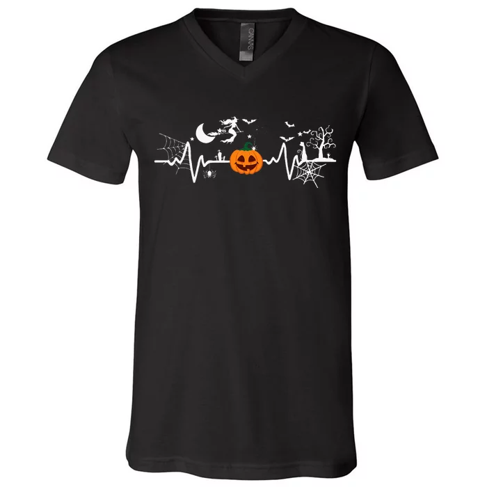 Halloween Pumpkin Heartbeat V-Neck T-Shirt