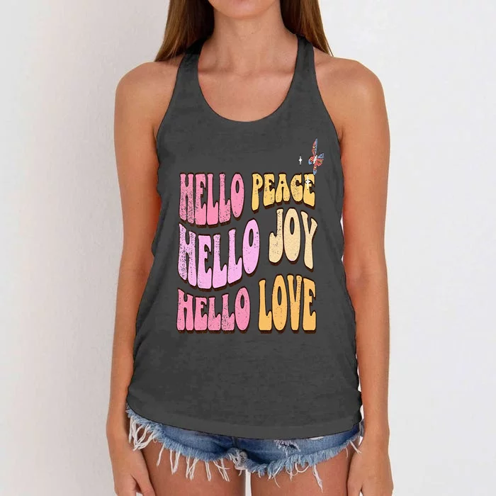 Hello Peace Hello Joy Hello Love Christian Faith Follower Women's Knotted Racerback Tank