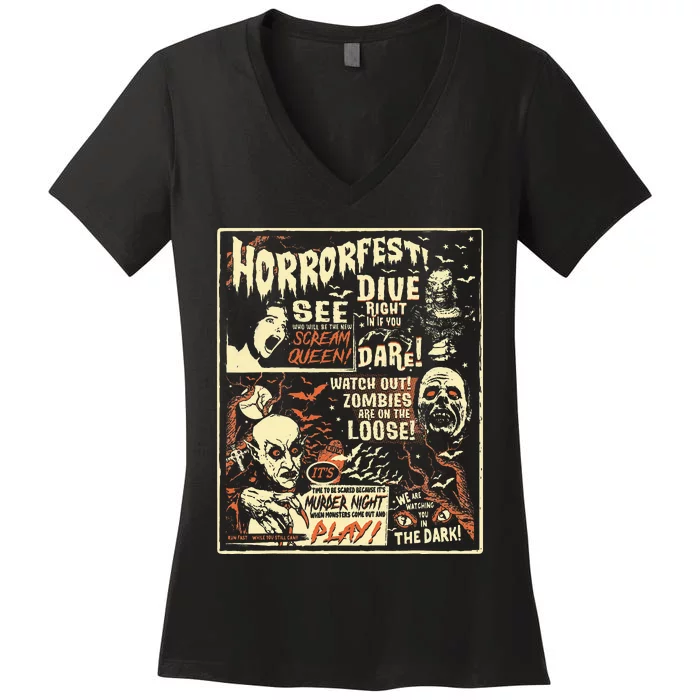 Horrorfest Poster Halloween Movie Old Time Horror Women's V-Neck T-Shirt