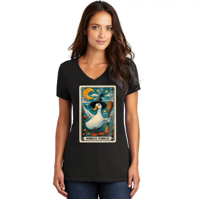 Honkus Ponkus Halloween Goose Meme Parody Retro Tarot Card Women's V-Neck T-Shirt