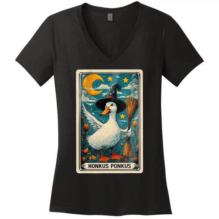 Honkus Ponkus Halloween Goose Meme Parody Retro Tarot Card Women's V-Neck T-Shirt