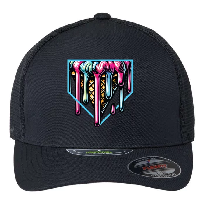 Home Plate Ice Cream Softball Baseball Melting Drip Flexfit Unipanel Trucker Cap