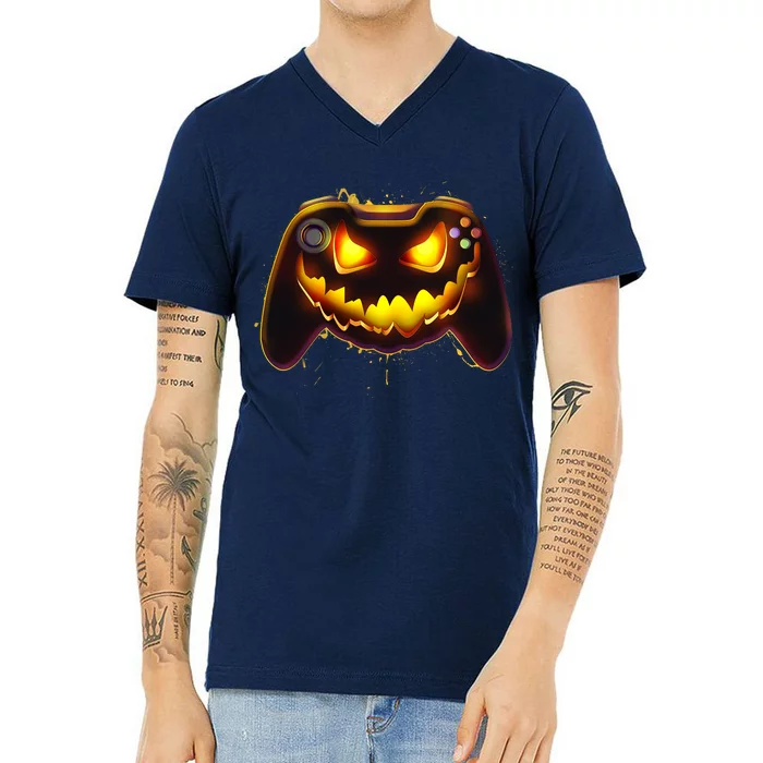 Halloween Pumpkin Jack O Lantern Face Video Game Controller V-Neck T-Shirt