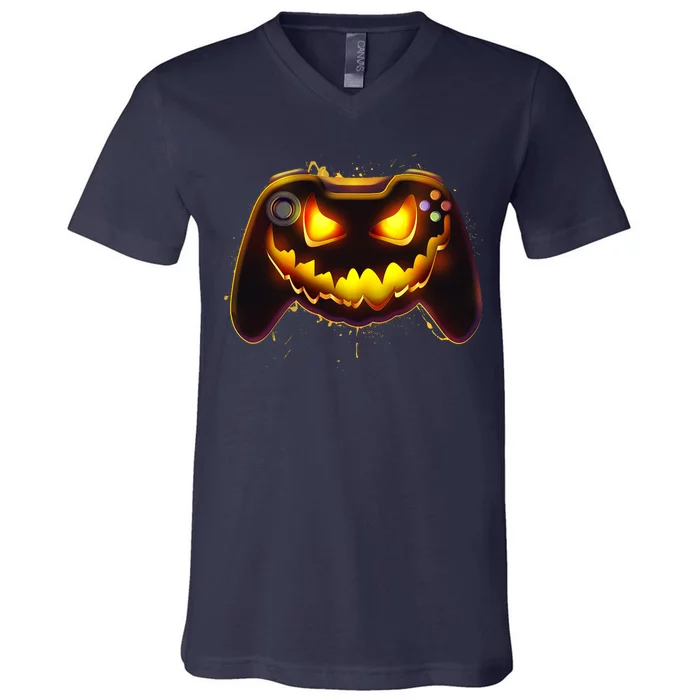 Halloween Pumpkin Jack O Lantern Face Video Game Controller V-Neck T-Shirt