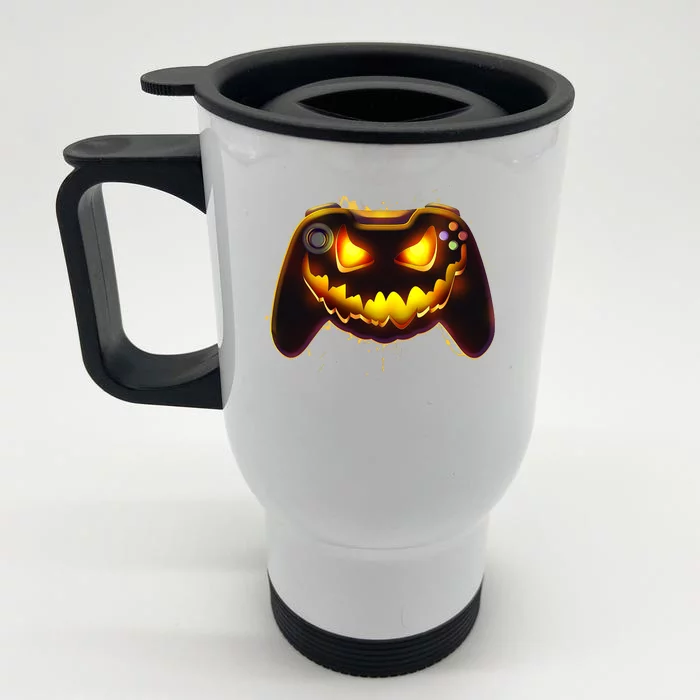 Halloween Pumpkin Jack O Lantern Face Video Game Controller Front & Back Stainless Steel Travel Mug