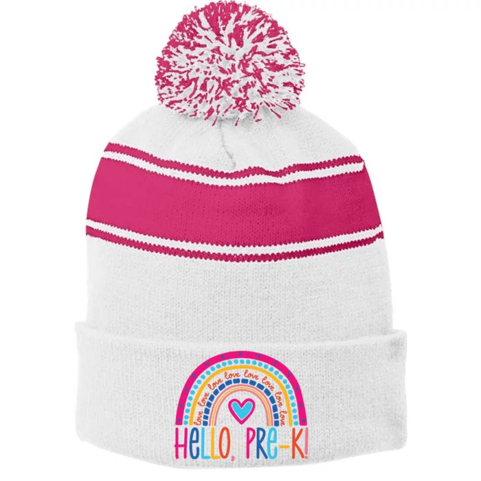 Hello Pre K First Day Of School Stripe Pom Pom Beanie