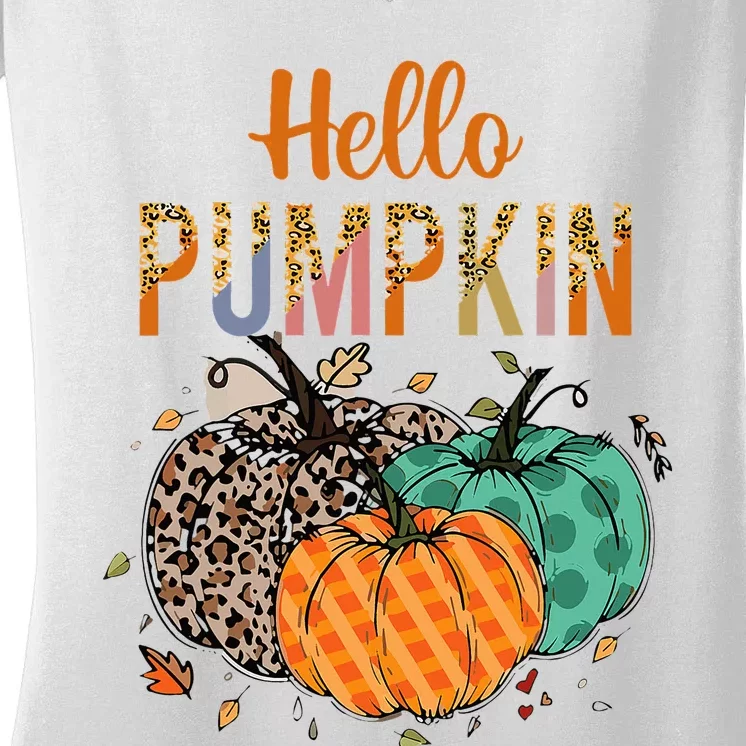 Hello Pumpkin Leopard Print For Fall Thanksgiving Women's V-Neck T-Shirt