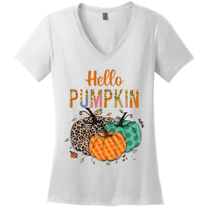 Hello Pumpkin Leopard Print For Fall Thanksgiving Women's V-Neck T-Shirt