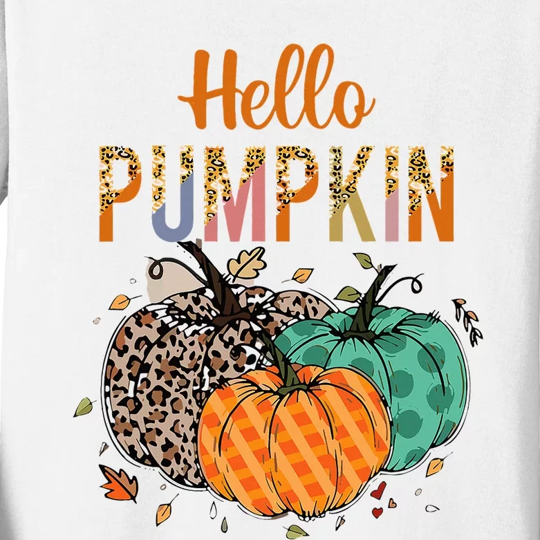 Hello Pumpkin Leopard Print For Fall Thanksgiving Kids Long Sleeve Shirt