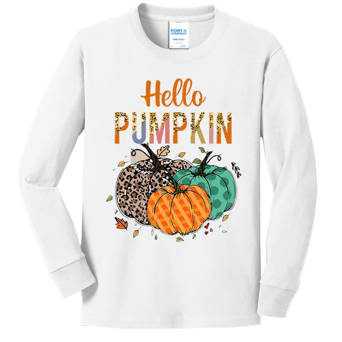 Hello Pumpkin Leopard Print For Fall Thanksgiving Kids Long Sleeve Shirt