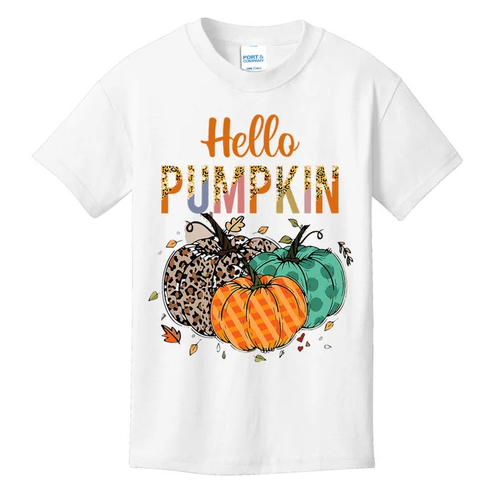 Hello Pumpkin Leopard Print For Fall Thanksgiving Kids T-Shirt