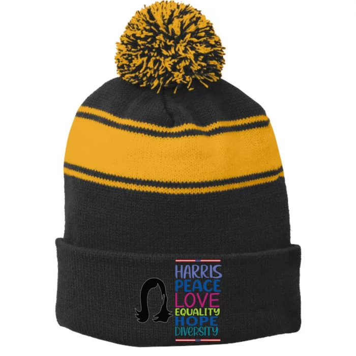 Harris Peace Love Equality Hope Diversity Stripe Pom Pom Beanie