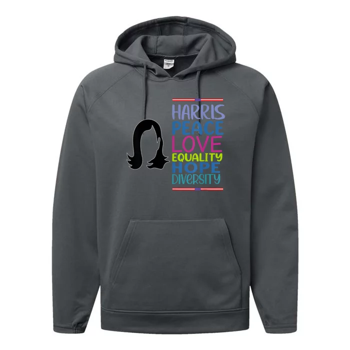 Harris Peace Love Equality Hope Diversity Performance Fleece Hoodie