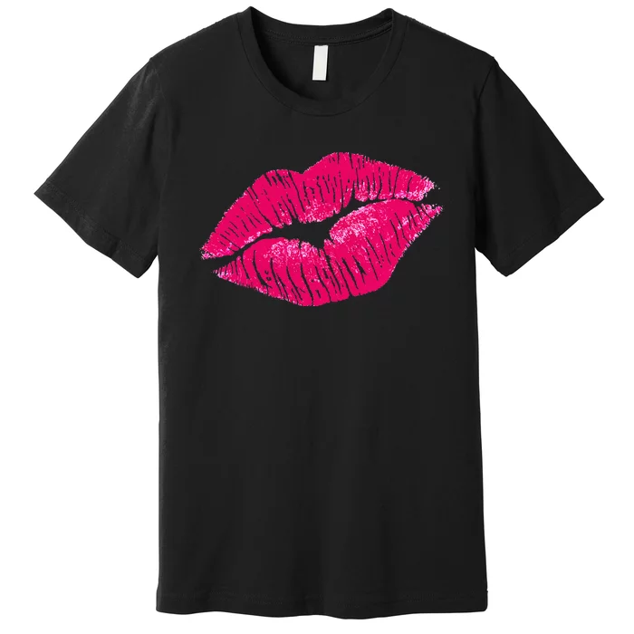 Hot Pink Lips Neon 80s Lipstick Party Premium T-Shirt