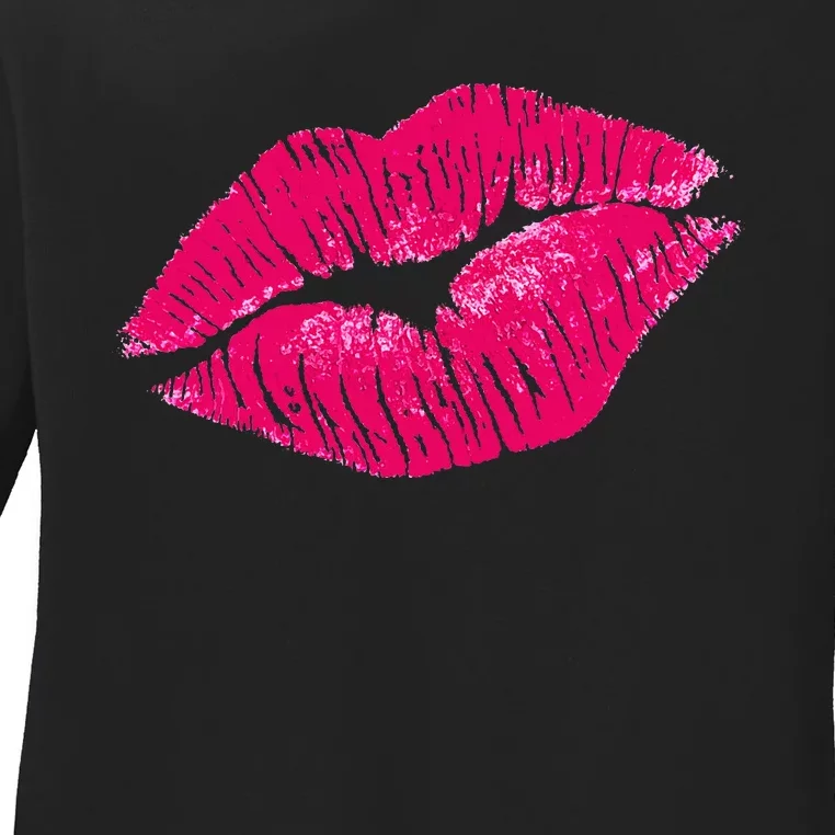 Hot Pink Lips Neon 80s Lipstick Party Ladies Long Sleeve Shirt