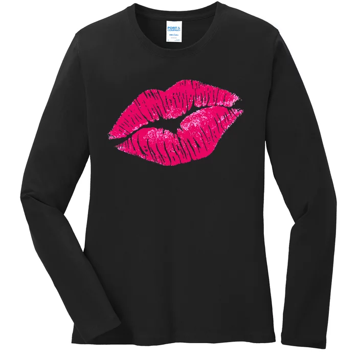 Hot Pink Lips Neon 80s Lipstick Party Ladies Long Sleeve Shirt