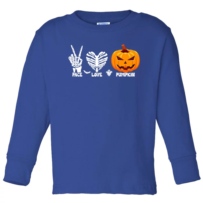 Halloween Peace Love Pumpkin Funny Skeleton Hand And Heart Cute Gift Toddler Long Sleeve Shirt