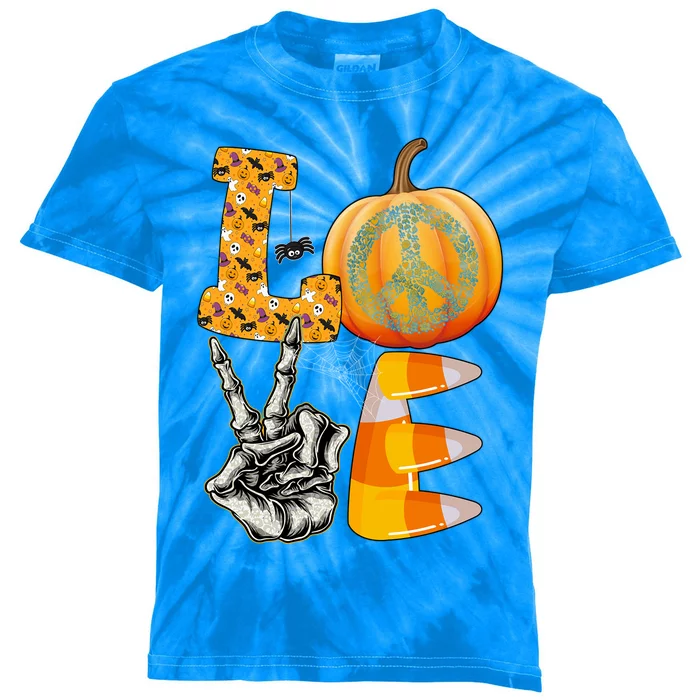 Halloween Peace Love And Pumpkins Fall Funny Gift Kids Tie-Dye T-Shirt