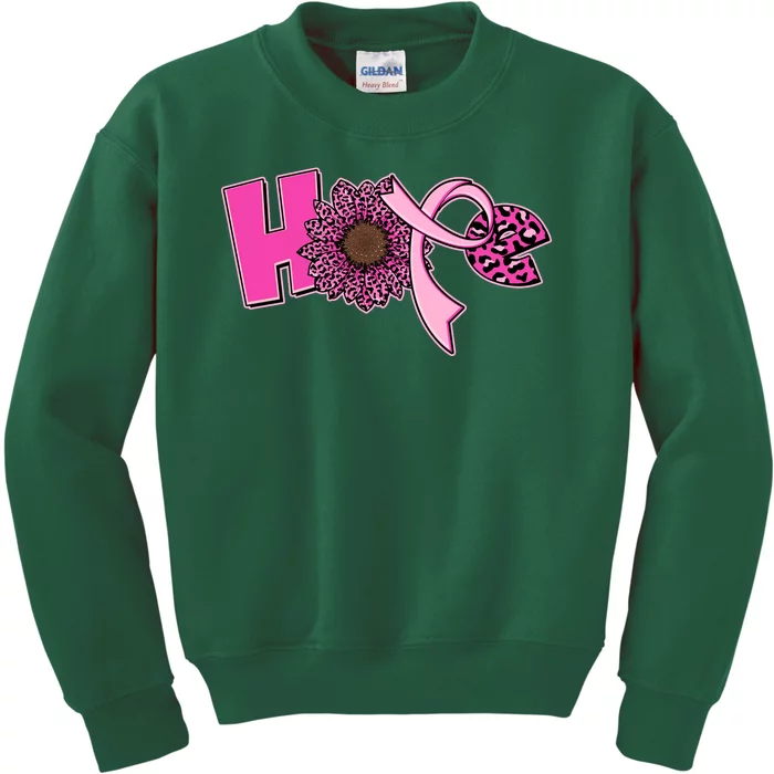 Hope Pink Leopard Print Sunflower Breast Cancer Awareness Kids Sweatshirt