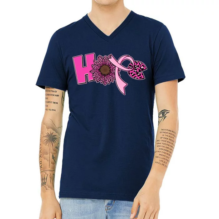 Hope Pink Leopard Print Sunflower Breast Cancer Awareness V-Neck T-Shirt