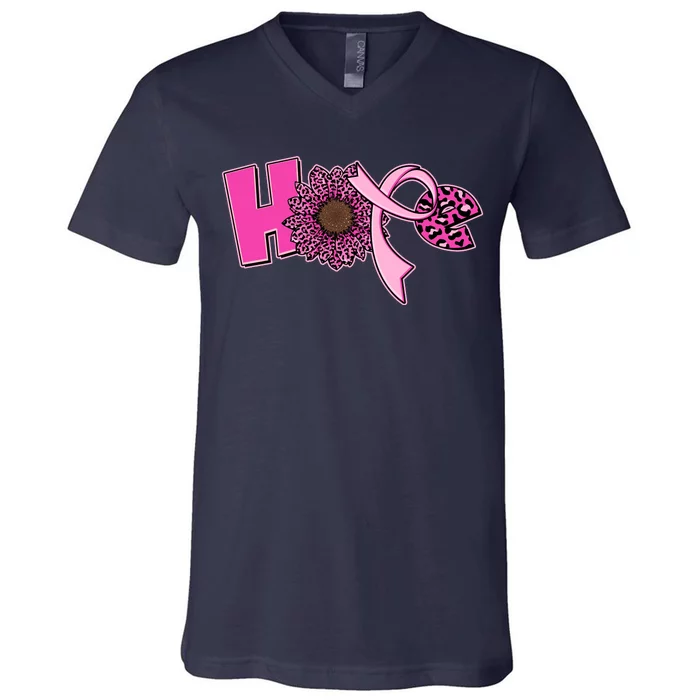 Hope Pink Leopard Print Sunflower Breast Cancer Awareness V-Neck T-Shirt