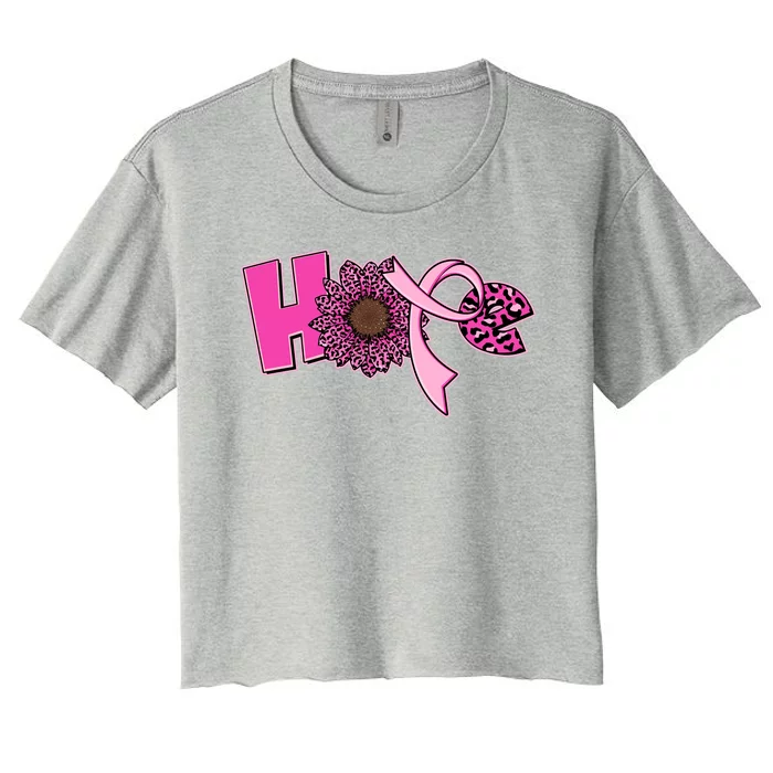 Hope Pink Leopard Print Sunflower Breast Cancer Awareness Women's Crop Top Tee