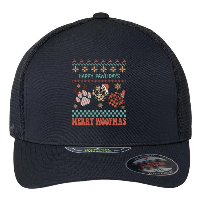 Happy Pawlidays Merry Woofmas Leopard Red Buffalo Plaid Xmas Gift Flexfit Unipanel Trucker Cap