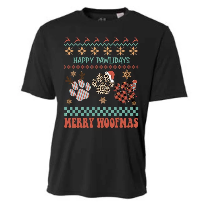 Happy Pawlidays Merry Woofmas Leopard Red Buffalo Plaid Xmas Gift Cooling Performance Crew T-Shirt