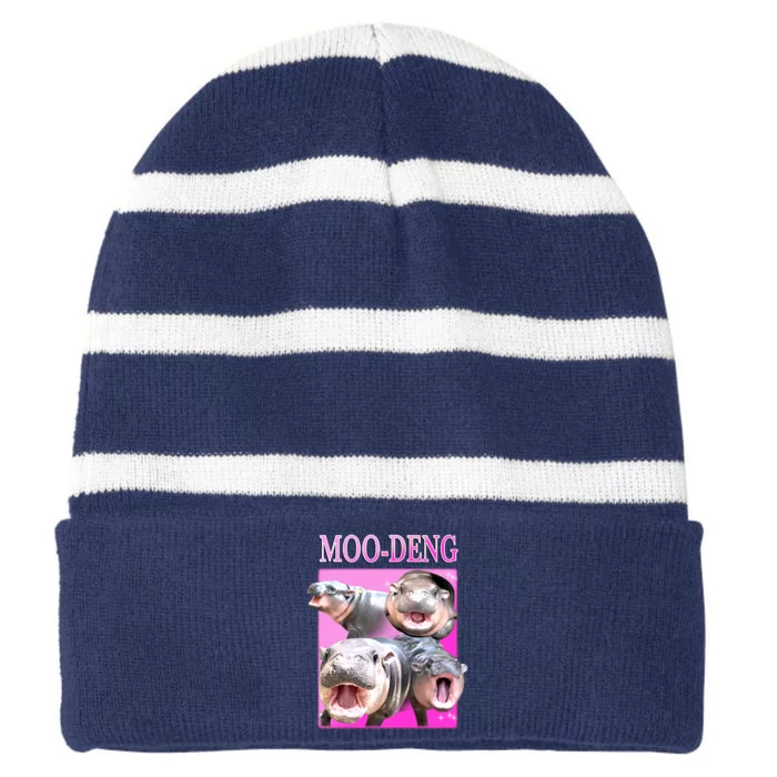 Hot Pink Moo Deng Hippo Meme Funny Striped Beanie with Solid Band