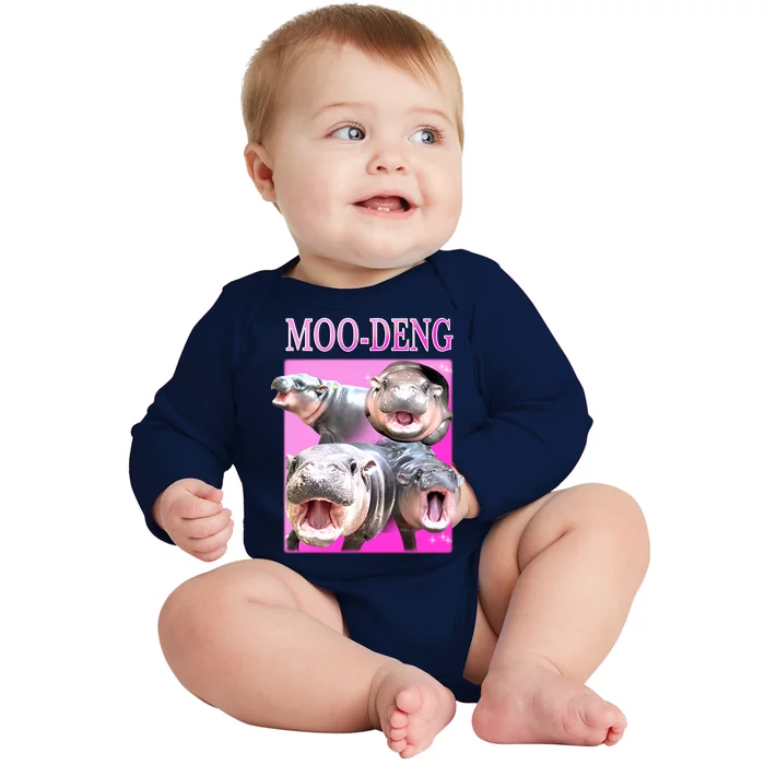 Hot Pink Moo Deng Hippo Meme Funny Baby Long Sleeve Bodysuit