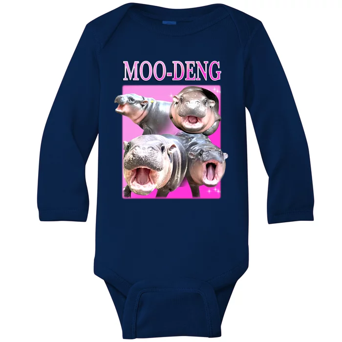 Hot Pink Moo Deng Hippo Meme Funny Baby Long Sleeve Bodysuit