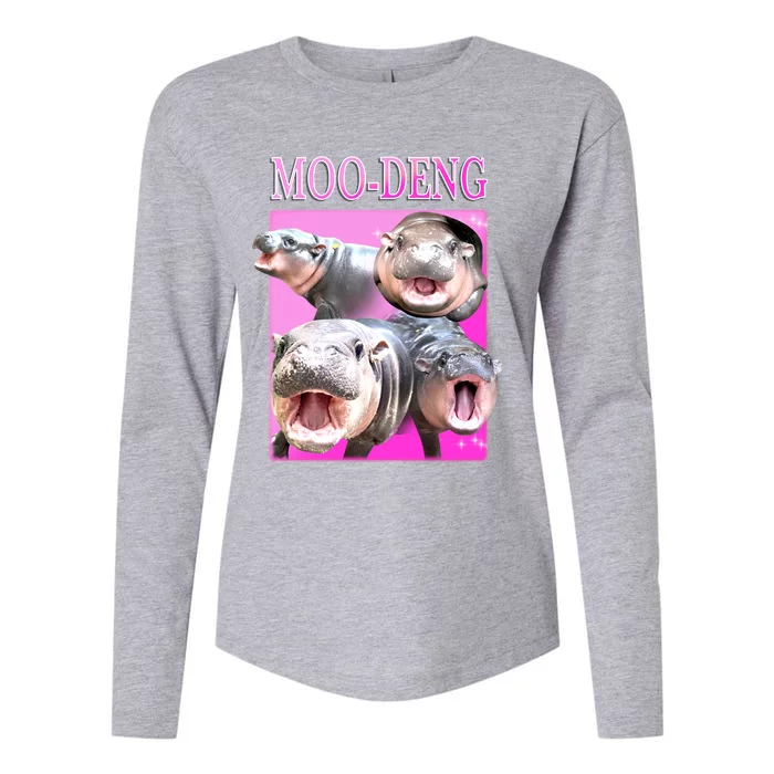 Hot Pink Moo Deng Hippo Meme Funny Womens Cotton Relaxed Long Sleeve T-Shirt