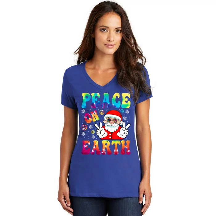 Hippie Peace On Earth Boho Christmas Santa Claus Pajamas Gift Women's  V-Neck T-Shirt