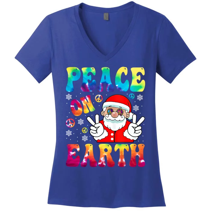Hippie Peace On Earth Boho Christmas Santa Claus Pajamas Gift Women's  V-Neck T-Shirt